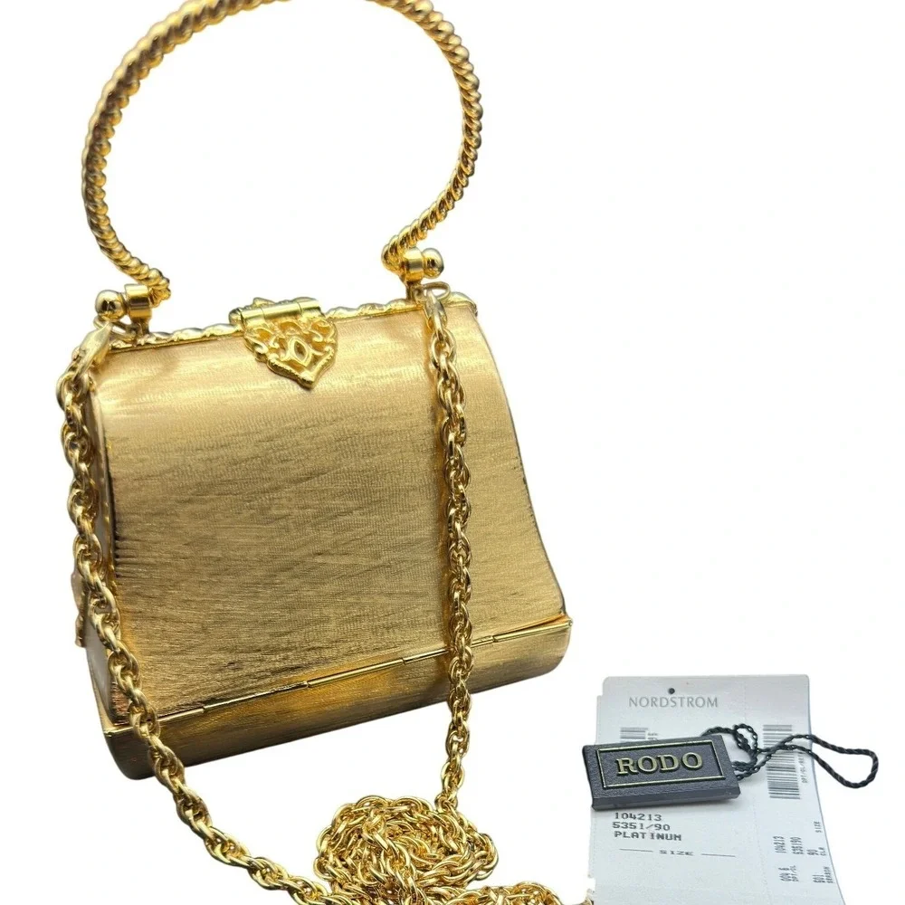 Vintage Rodo Firenze Italy Gold Metal Hard Shell Minaudiere Evening Bag 1960s